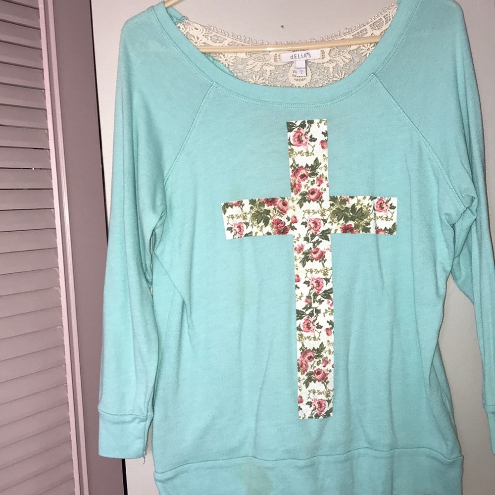 Delia’s Mint Green/Blue Floral Cross Sweatshirt